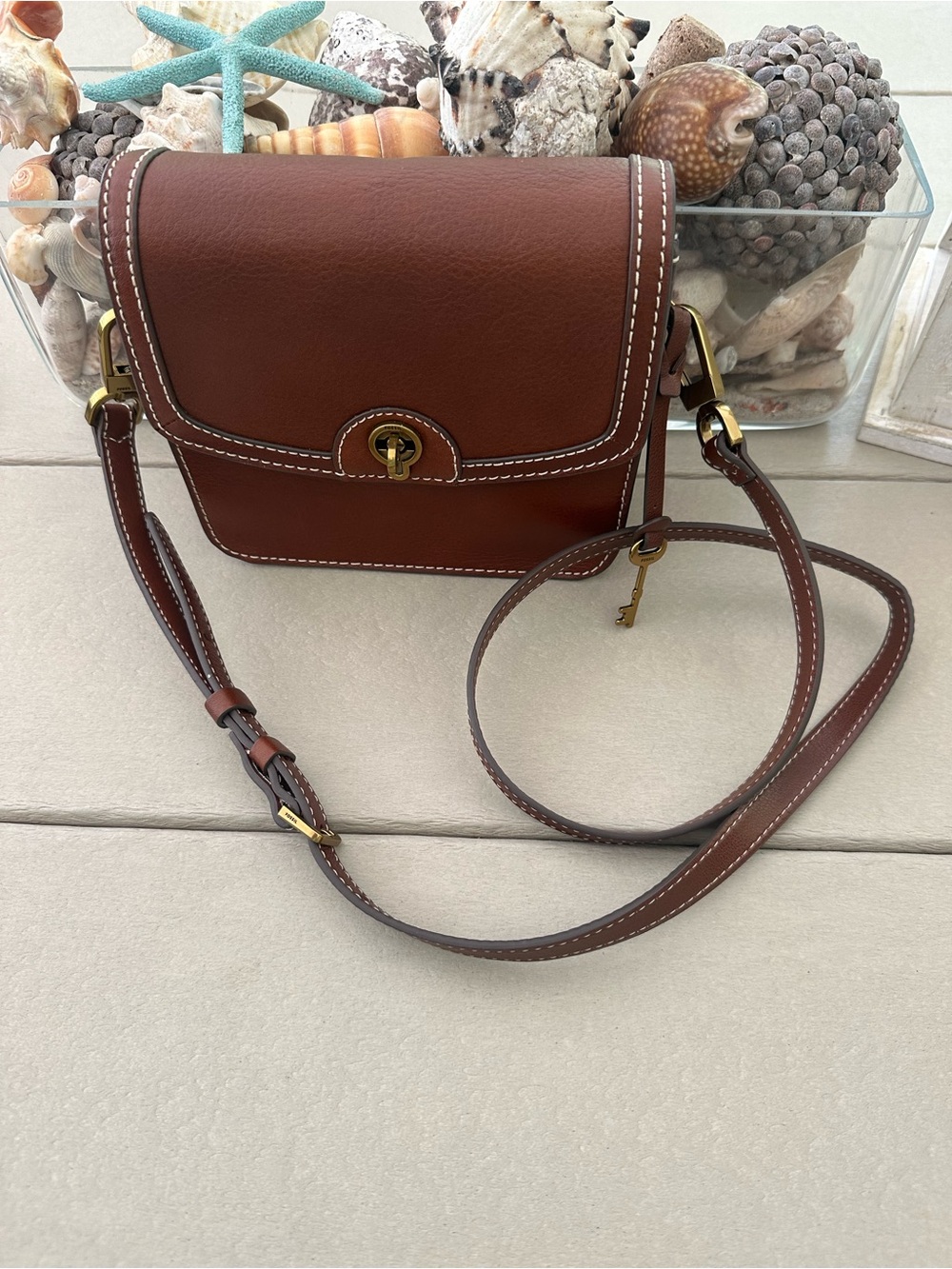 Fossil Brown Leather Bag with Removable/Adjustable Crossbody Strap Brass Tone